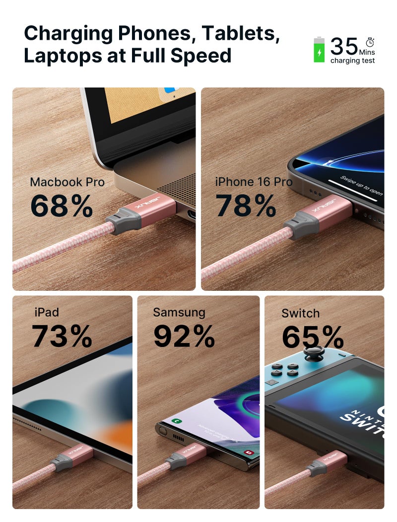 JSAUX 100W USB C to USB C Cable [2-Pack 6.6FT], Type C Fast Charging Cord for iPhone Air/iPhone 17/iPhone 17 Pro/iPhone 17 Pro Max, iPhone 16/15 Series, Galaxy S/Note Series, MacBook, iPad - Pink - Image 3